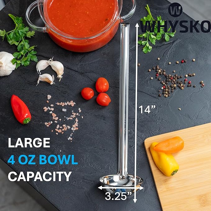 Whysko Soup Ladle Stainless Steel, 4 oz Metal Ladle Spoon, Rustproof Heat Resistant Materials for Cooking and Serving Soups and Sauces, Commercial Grade for Restaurants Catering and Kitchen Essentials