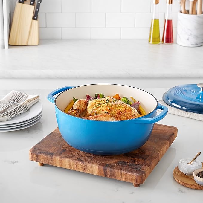Amazon Basics Enameled Cast Iron Dutch Oven Pot with Lid, Oven Safe, Heavy-Duty, Dual Handles for Roasting and Stews, 7.3-Quart, Blue - Image 6