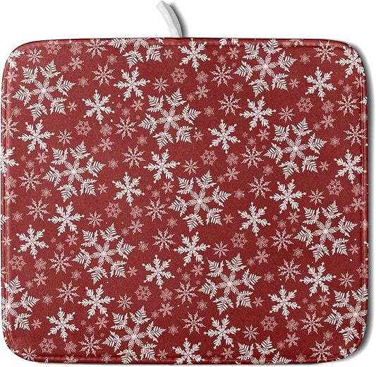 Christmas Dish Drying Mat for Kitchen Counter 18x16 Inch Xmas Snowflake Drying Mat with Absorbent Reversible Microfiber Red Dish Drainer Mats Rack Pad for Coffee Countertop Protector