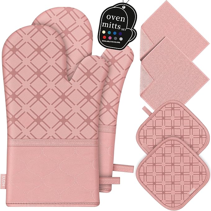 Oven Mitts and Pot Holders Set with Dishcloths, 500 Degree Heat Resistant Oven Gloves and Hot Pads, Premium Soft Cotton Kitchen Mittens and Dish Cloth Sets-Pink by HGYI