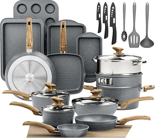 DishDelight Induction Pots and Pans Set Non Stick, 30 Piece Nonstick Kitchen Cookware Sets, Nonstick Granite Cooking Set Induction Pots and Pans, Grey by DishDelight