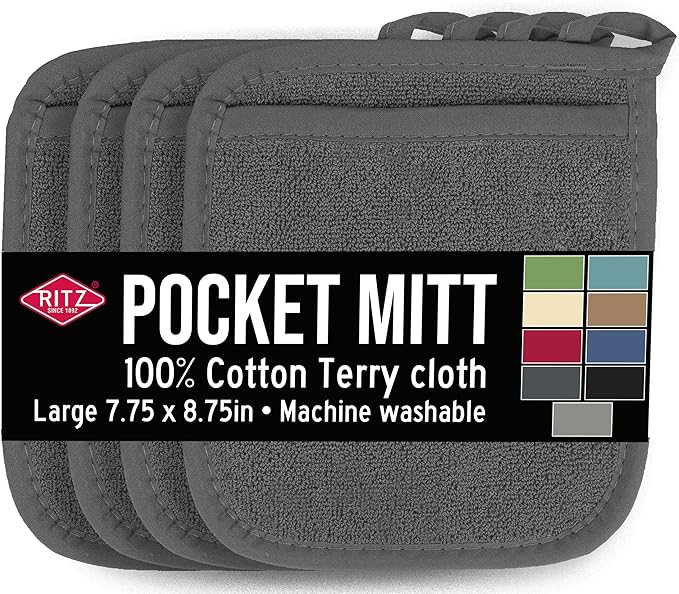 RITZ Terry Pocket Mitt & Hot Pad: Unparalleled Heat Resistant, Durable 100% Cotton – Ergonomically Designed for Optimal Grip – Easy-Care Machine Washable – 4-Pack, Graphite by Ritz+Foodservice