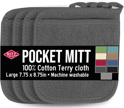 RITZ Terry Pocket Mitt & Hot Pad: Unparalleled Heat Resistant, Durable 100% Cotton – Ergonomically Designed for Optimal Grip – Easy-Care Machine Washable – 4-Pack, Graphite by Ritz+Foodservice