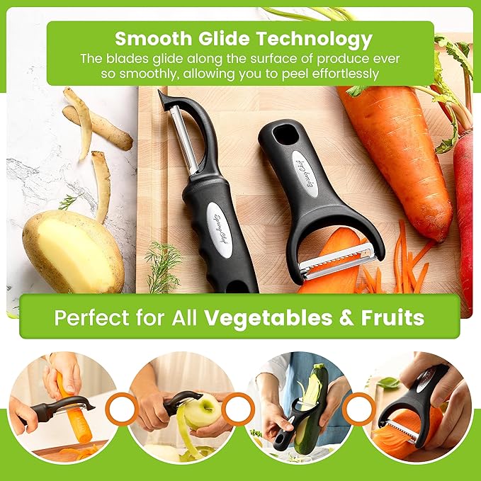 Spring Chef Swivel & Vegetable Julienne Peeler Set for Kitchen with Stainless Steel Sharp Blades - Potato Peelers with Soft Grip Handles & Blade Covers - Perfect for Carrot, Zucchini, Cucumber - Black - Image 7