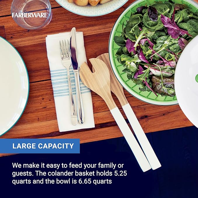 Farberware Easy to use pro Pump Spinner with Bowl, Colander and Built in draining System for Fresh, Crisp, Clean Salad and Produce, 6.6 quart, Green - Image 3