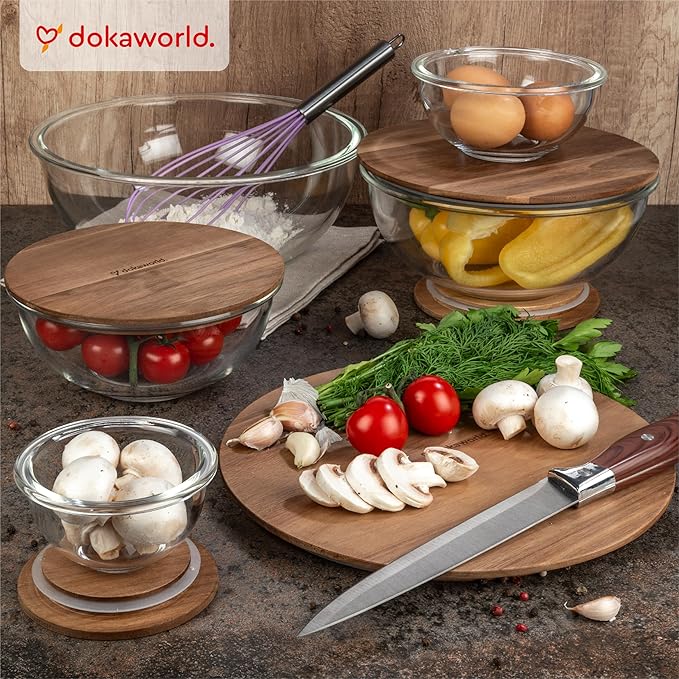 Set of 5 Nesting Glass Bowls with New Updated Acacia Lids for Foodprep, Storage, Mixing & Cooking - Microwave & Oven-ready BPA Free Durable Heat Resistant Inert Borosilicate Glass - Image 2