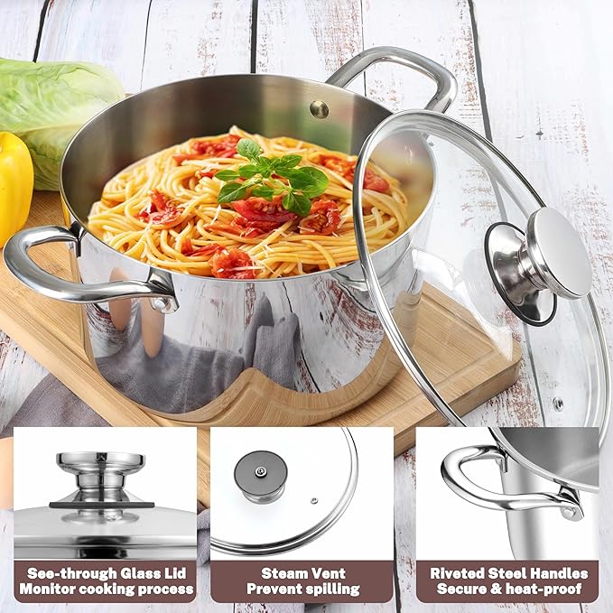 Herogo 4.5 Quart Stock Pot, Tri-Ply Cooking Pot with Lid, 18/10 Stainless Steel Pasta Stockpot with Handles, 4.5 QT Stockpot for Induction Electric Gas Stove, Dishwasher Safe