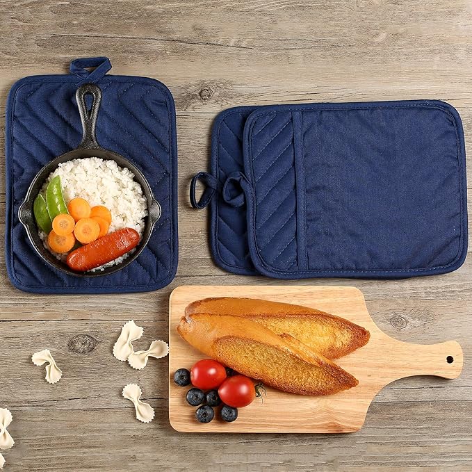 Cotton Pocket Pot Holders Machine Washable Heat Resistant Hot Pads for Kitchen Square Blue Oven Mitts 7"x9" Set of 3 - Image 5