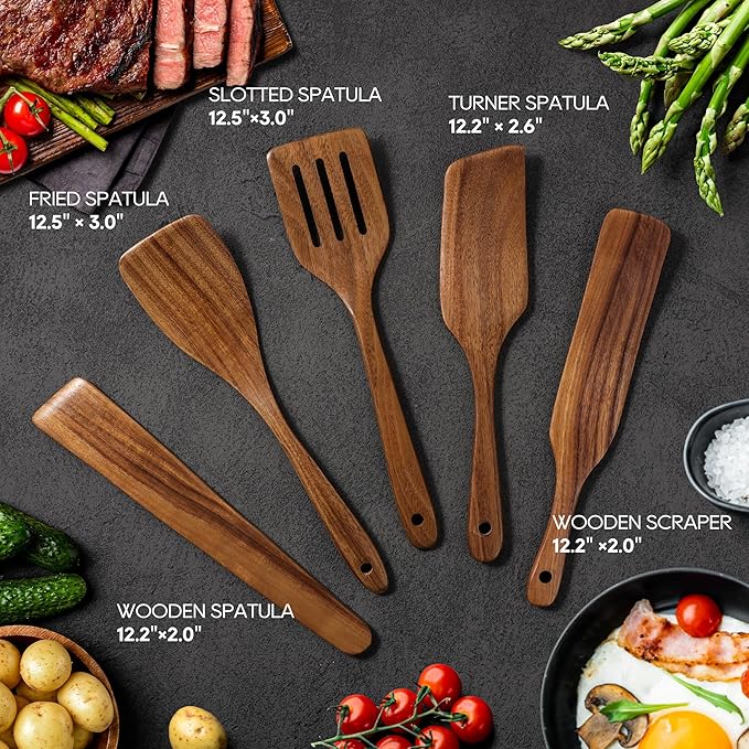 KLYRO 5 PCS Wooden Spatula Set, Natural Teak Wooden Spoons for Cooking, Nonstick Cookware Safe Kitchen Utensils Set, Durable & Elegant Cooking Utensils Gift Set - Image 3