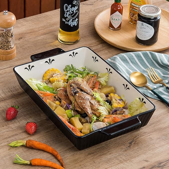Baking Dishes Bakeware Set Ceramic Casserole Dish, Rectangular Shape, Oven safe, Nonstick, for Cooking, Cake Dinner, Kitchen, 13x9inch, 3pcs, Black - Image 7