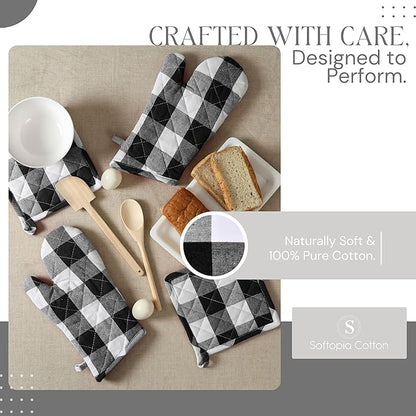 Oven Mitt & Pot Holder Buffalo Plaid Check 100% Cotton Heat Resistant Oven Gloves (7"x13") & Hot Pads (8"x8") Combo for Baking, Cooking - Black