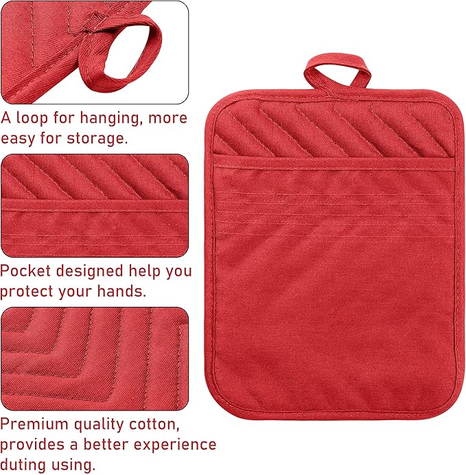 GROBRO7 5Pack Pocket Pot Holders Cotton Heat Resistant Potholder Multipurpose Hot Pads Machine Washable Oven Mitts Potholders Bulk for Daily Kitchen Baking and Cooking 7 x 9 Inch Red - Image 3