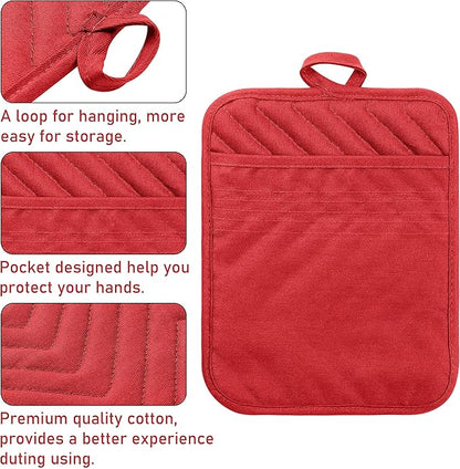 GROBRO7 5Pack Pocket Pot Holders Cotton Heat Resistant Potholder Multipurpose Hot Pads Machine Washable Oven Mitts Potholders Bulk for Daily Kitchen Baking and Cooking 7 x 9 Inch Red - Image 3