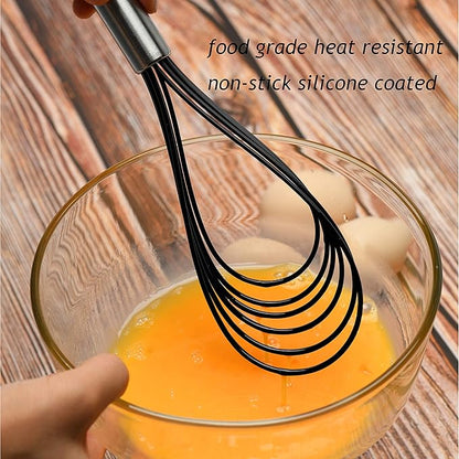 Flat Whisk Set,Stainless Steel 3 Pack 10''+11''+12'' Premium Sturdy-6 Silicone Heads Non Stick Wires Whisk for Blending Beating Stirring Kitchen Cooking by Jell-Cell (Black) - Image 3