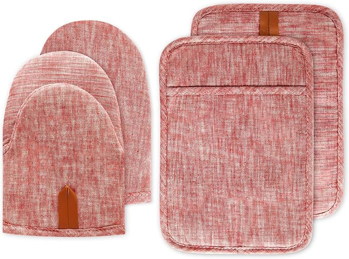 4Pcs Heat Resistant Oven Mitts & Potholders (Up to 500°F), Flexible Kitchen Accessories for BBQ, Baking, Microwave, Stovetop Use and More (Pink) by Unknown