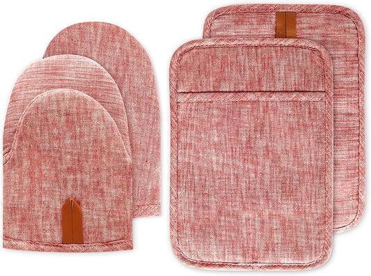 4Pcs Heat Resistant Oven Mitts & Potholders (Up to 500°F), Flexible Kitchen Accessories for BBQ, Baking, Microwave, Stovetop Use and More (Pink) by Unknown