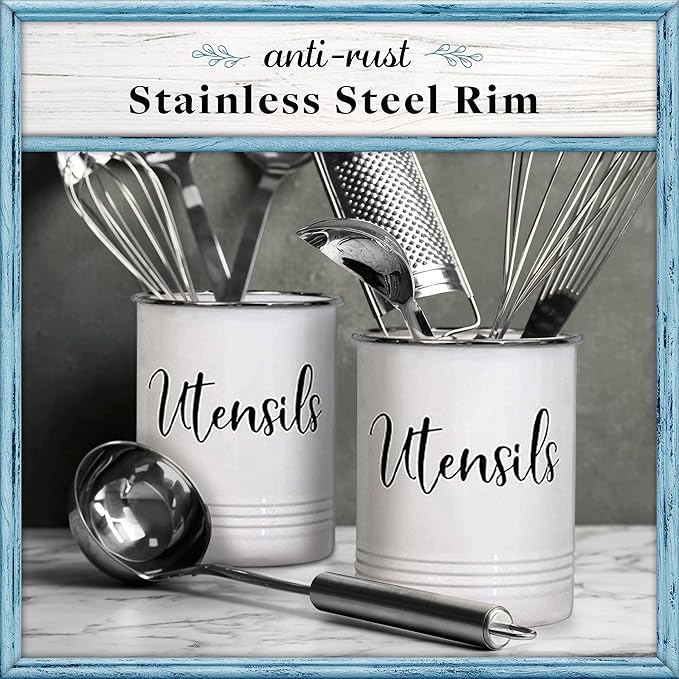 Home Acre Designs Vintage Farmhouse Utensil Holder - Stylish Countertop Organizer and Kitchen Decor Caddy - Stainless Steel Rim - White - Image 6