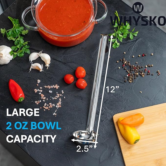 Whysko Soup Ladles Stainless Steel, 3-Pack of 2 oz. Metal Ladle Spoons, Rustproof Heat-Resistant Materials for Cooking and Serving Soups and Sauces, Commercial Grade Kitchen Essentials