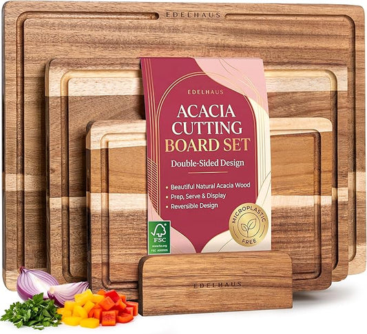 Acacia Wood Cutting Board for Kitchen, Non-Toxic Cutting Board Set of 3, Chopping Boards with Deep Juice Groove for Meat, Cheese & Vegetables - Durable & Double sided with serving Compartments