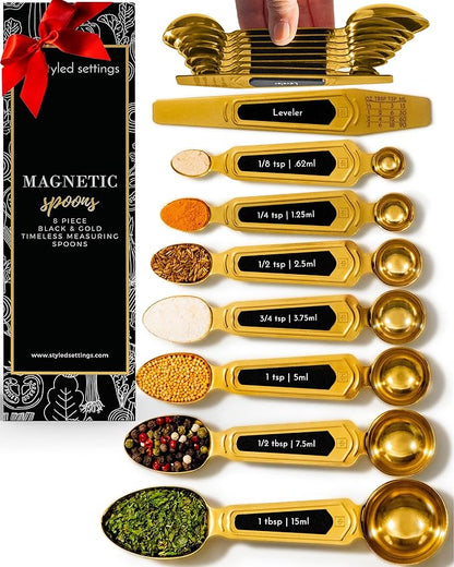 Gold Magnetic Measuring Spoons with Leveler - Featuring 8-Piece Upgraded Style, Dual-Sided, Stackable, Stainless Steel Gold Measuring Spoons Set - Fits in Spice Jars, Luxury Kitchen Accessories by STYLEDSETTINGS