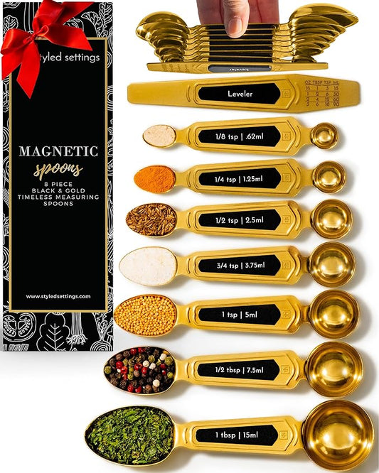 Gold Magnetic Measuring Spoons with Leveler - Featuring 8-Piece Upgraded Style, Dual-Sided, Stackable, Stainless Steel Gold Measuring Spoons Set - Fits in Spice Jars, Luxury Kitchen Accessories by STYLEDSETTINGS