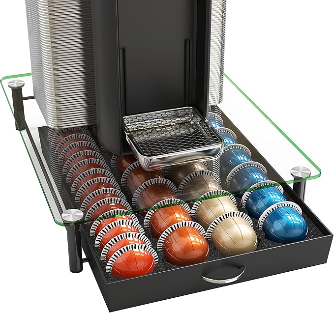DecoBrothers Crystal Tempered Glass Vertuo Pod Holder Drawer, 28 Large or 56 Small Nespresso Capsule Organizer, Black by DecoBrothers