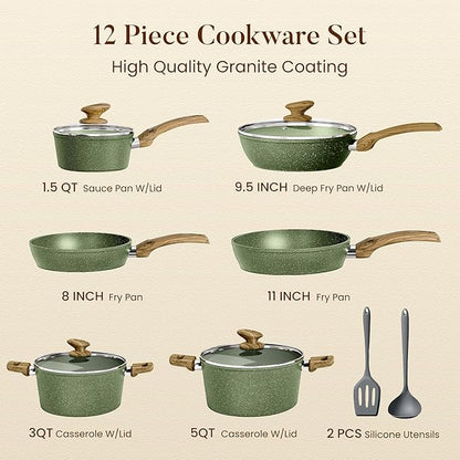 Kitchen Academy Non Toxic Pots and Pans Set Non Stick - 12 Piece Induction Cookware Sets, Green Granite Nonstick Cooking Pot and Pan, PFOA&PFOS Free - Image 7