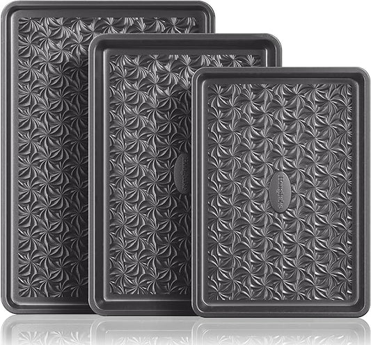 HONGBAKE Nonstick Baking Sheet Pan Set of 3, Cookie Sheets for Oven, Non-Toxic Half/Quarter/Jelly Roll Pans with Floral Swirl Texture, Heavy Duty 0.8mm Thick Oven Trays for Cooking, Dark Gray by HONGBAKE