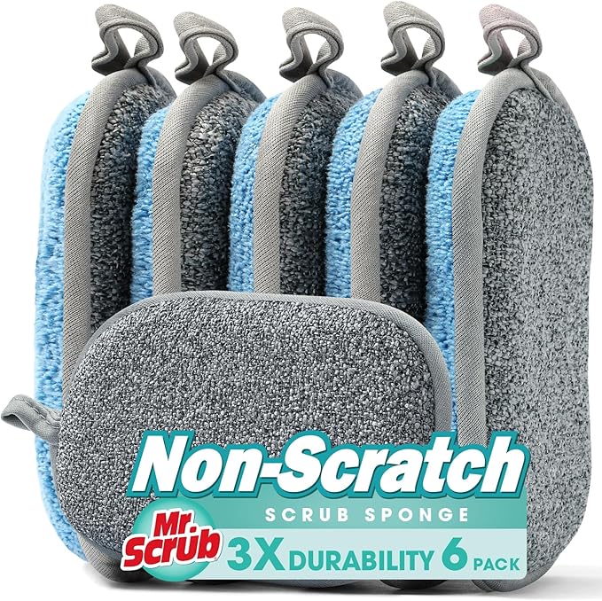 Sponges Kitchen Dish Sponge for Washing Dishes Cleaning Kitchen, All-Purpose, 6 Pack, Non Scratch, Rough Scrubbers Side for Non-Stick Cookware, Soft Microfiber Scrub Side for Dishes, Mr. Scrub by MrScrubCleaninghelpers