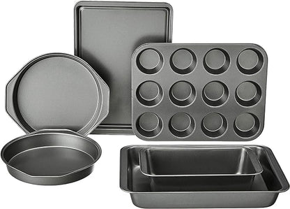 Amazon Basics 6 Piece Nonstick Carbon Steel Bakeware Set with Cake, Muffin, Cookie, and Loaf Pans, Easy Release, Oven Safe, 16.25 x 11.75 x 6.25 inches by AmazonBasics