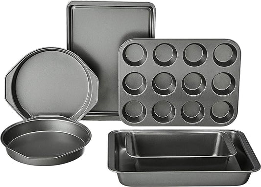 Amazon Basics 6 Piece Nonstick Carbon Steel Bakeware Set with Cake, Muffin, Cookie, and Loaf Pans, Easy Release, Oven Safe, 16.25 x 11.75 x 6.25 inches by AmazonBasics
