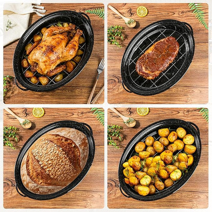 15” Roaster Pan with Lid and Rack, Small Enamel Roaster Pan with Oval Roasting Rack, Granite Baking Pot for Chicken Turkey Lamb, Heat Resistant, Oven/Dishwasher/All Stovestops Compatible
