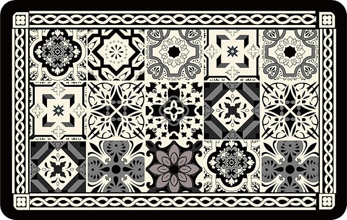 Boho Dish Drying Mat for Kitchen Counter - Super Absorbent Faux Leather Kitchen Mat, Quick Dry & Non-Slip Countertop Protector, Aesthetic Bohemian Decor for Coffee Bar (17"x31.5", Black)