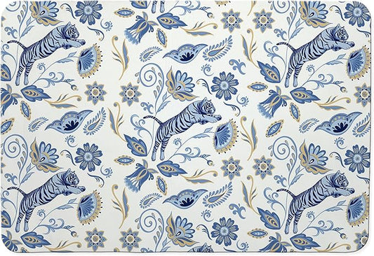 Blue and White Floral Tiger Dish Drying Mat, Chinoiserie Tiger Coffee Bar Mat for Countertops, Abstract Flower Absorbent Dish Drying Mats for Kitchen Counter Coffee Maker, 16x24 Inch