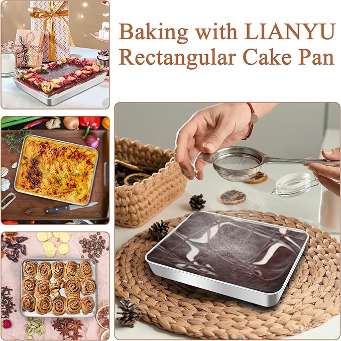 LIANYU Baking Pan Set of 2, 12⅓ x 9¾ x 2 Inch Cake Lasagna Brownies Casseroles Pan, Rectangle Stainless Steel Bakeware Set for Baking Roasting, Toaster Oven & Dishwasher Safe, 2 Pans