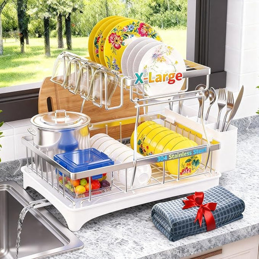 Godboat Dish Drying Rack, 2-Tier Dish Rack with Auto-Drain & Mat, 304 Stainless Steel Dish Racks for Kitchen Counter, Dish Drainer with Knife, Fork & Cup Rack, Gifts for Women, Mothers Day, Silver by Godboat