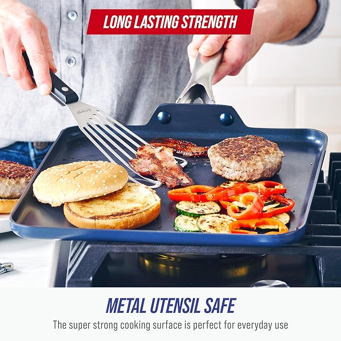 Blue Diamond 11" Nonstick Square Griddle Pan, Non Toxic PFAS-Free Diamond Ceramic, Dishwasher & Oven Safe, Even Heating, Metal Utensil Safe, Warp Control, Blue - Image 5
