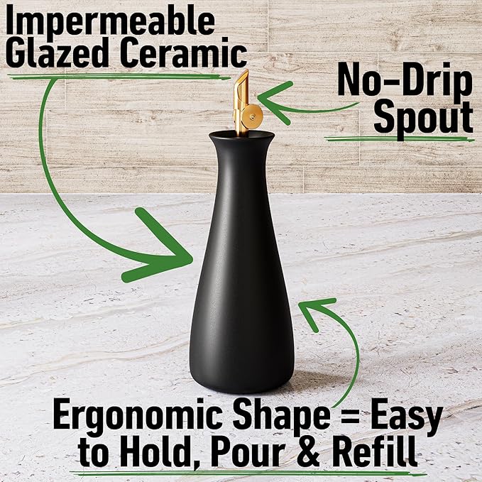 HB Design Co. Ceramic Olive Oil Dispenser with Self-Closing Gold Spout - 530 ML Capacity Matte White Ceramic Oil Dispenser for Kitchen - Leak Proof EVOO Dispensing Bottle - Image 2