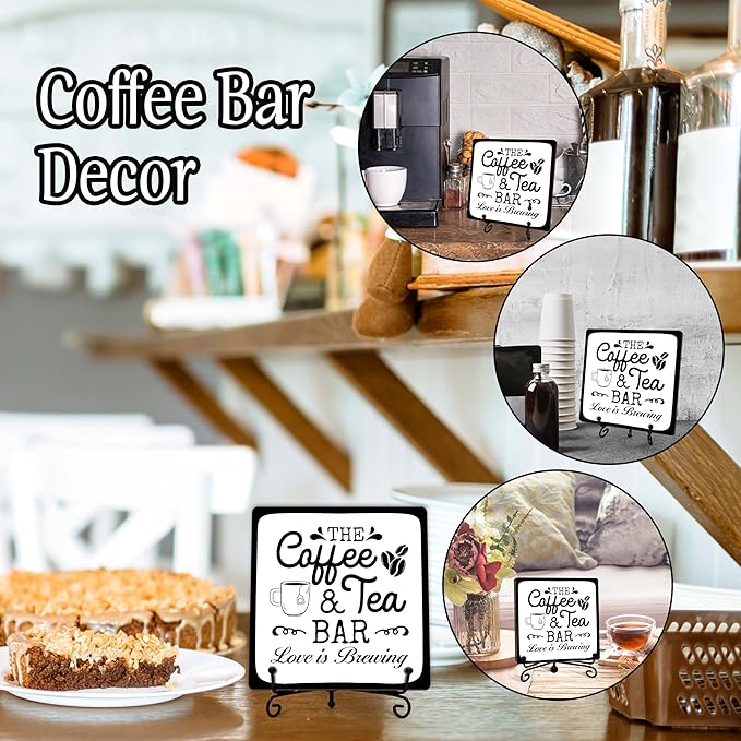 Coffee Bar Sign, Love is Brewing Farmhouse Tabletop Decor, Coffee and Tea Lover Gifts, 5x5 Wood Plaque with Iron Stand for Home Kitchen Cafe, Coffee Bar Decor – L06 - Image 3
