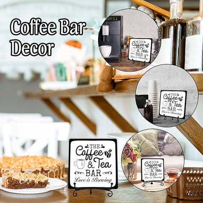 Coffee Bar Sign, Love is Brewing Farmhouse Tabletop Decor, Coffee and Tea Lover Gifts, 5x5 Wood Plaque with Iron Stand for Home Kitchen Cafe, Coffee Bar Decor – L06 - Image 3