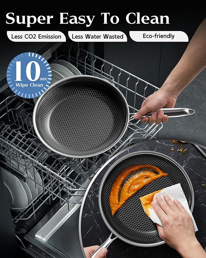 Nonstick Frying Pan with Lid 12-Inch, Durable Stainless Steel Skillet, Induction Cooktop Compatible, PFOA-Free Scratch-Proof, Dishwasher & Oven Safe, Stay-Cool Handle, Silver Kitchen Cookware - Image 7