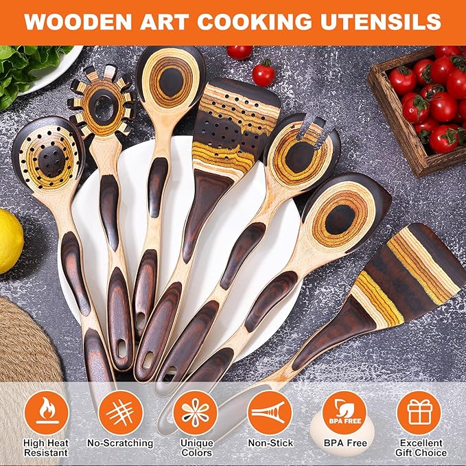 7Pcs Pakkawood Kitchen Utensils Set for Cooking, Wooden Spoons for Cooking, Safe Eco-Friendly, Non-Stick, Wooden Utensil for Cooking,Wooden Cookware Set, Housewarming Kitchen Gifts, Brown