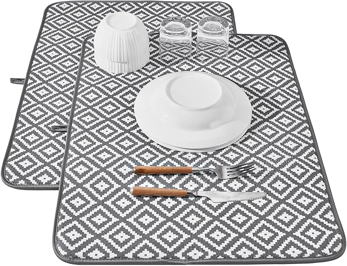 Subekyu 2 Pack Dish Drying Mat, 24*18 inch Ultra Absorbent Microfiber Dishes Drainer Mats for Kitchen Counter, Large Size Dish Drying Pad with Rhombus patterns by SUBEKYU