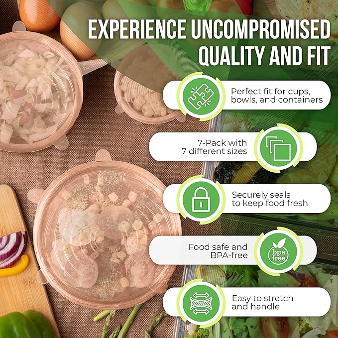 Reusable Silicone Stretch Lids for Food Storage in Fridge - Elastic Heat-Resistant Bowl Covers, Cups, Cans, Jars - Universal Food Grade Lid for Containers - 7 Pack - Apricot Stretchy Lid Set - Image 3
