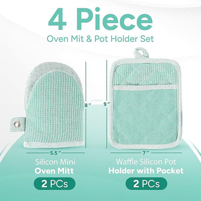 Casa Platino Heat Resistant Oven Mitts & Pot Holders, 4-Piece – Oven Mitt for Baking & BBQ, Potholders for Kitchens – Withstands Heat Up to 500°F, Soft, Durable & Non-Slip – Sage