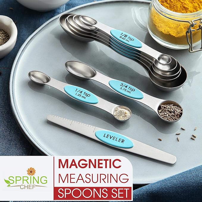 Spring Chef Stainless Steel Magnetic Measuring Spoons Set of 8 with Leveler, Metal Teaspoon & Tablespoon Measuring Spoons with Strong Magnets, Kitchen Gadgets for Baking & Cooking - 2 Pack - Aqua Sky - Image 3