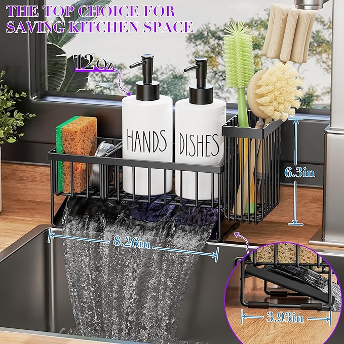 MASADI Kitchen Dish Soap Dispenser Set with Sponge Holder, 12OZ Glass Bottle, Hand and Dish Soap Dispenser Set, Non-Slip Silicone Pad, Brush Holder, Kitchen Sink Organizer Countertop (Black+White) - Image 4