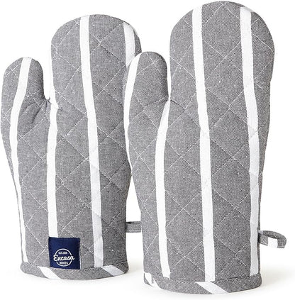 Encasa XO Long 12"x7" Oven Microwave Hand Gloves Mitts (2 pc Set) for Kitchen Cooking & Baking - Heat Resistant, Thick & Safe, Protection of Hands from Hot Utensils - Roma Grey Stripes