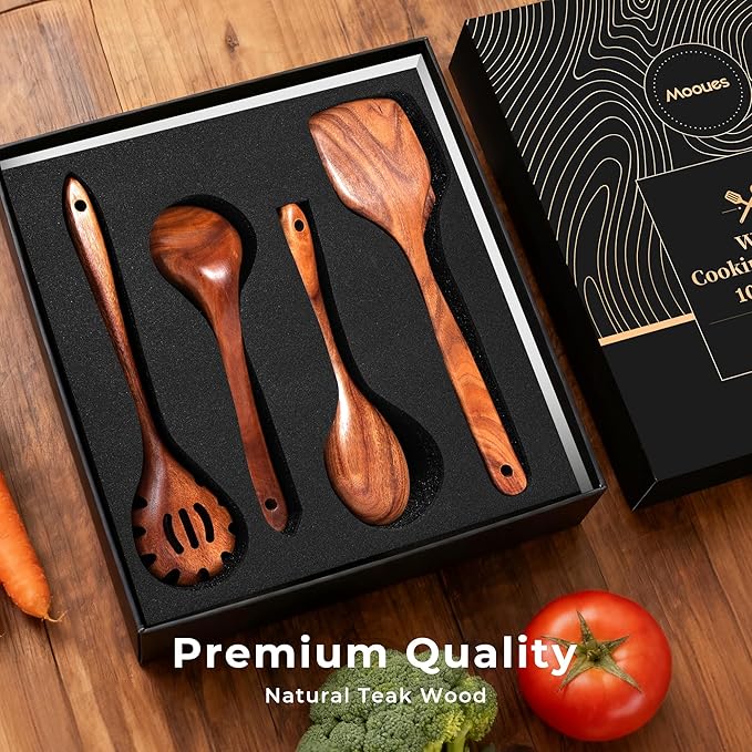 Mooues Wooden Spoons for Cooking, Wooden Utensils for Cooking Natural Teak Wooden Kitchen Utensils Set Comfort Grip(10 PCS SET GIFT BOX) - Image 3