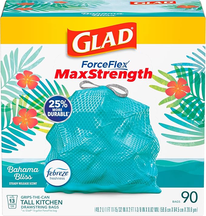 Glad ForceFlex MaxStrength Kitchen Trash Bags, 13 Gal, Bahama Bliss Febreze, 90 Ct (Pack May Vary) by GladTrashFoodStorage